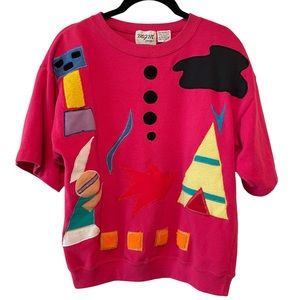 Vintage MGM Sport Pink Embroidered Camp Site Short Sleeve Sweatshirt Size Small